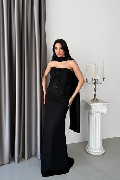 Serica Moda Black Strapless Floral Motif Long Evening Dress with Shawl Detail