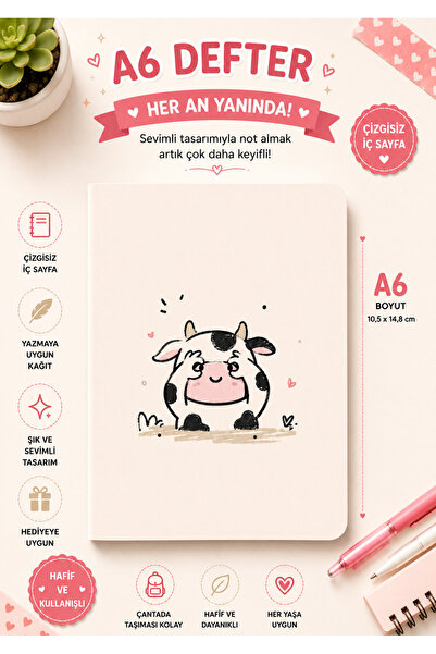 zumio A6 Sevimli İnek Desenli Defter | Çizgisiz İç Sayfa | Mini Cep Boy Not D...