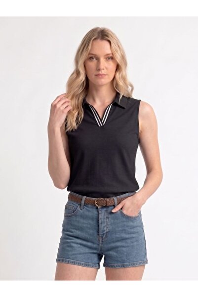 EXPECTED Women's Black Polo Collar Striped Sleeveless Bodysuit Slim Fit Lycra...