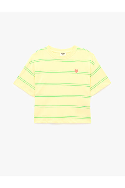 Koton Cotton Heart Detailed Short Sleeve Crew Neck Striped T-Shirt