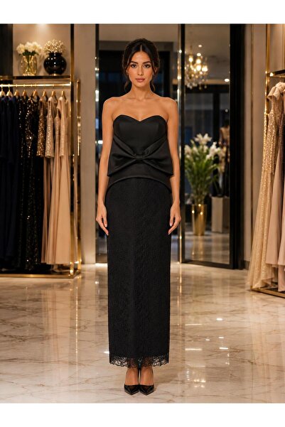 renk abiye Strapless Lace Midi Evening Dress with Bow Detail 5405