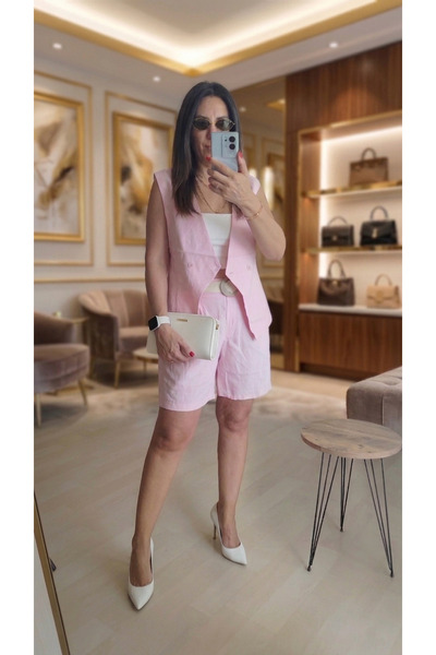 PINARKAYASTYLE Women's Pink Premium Lined Blazer Vest and Self-Belted Bermuda...