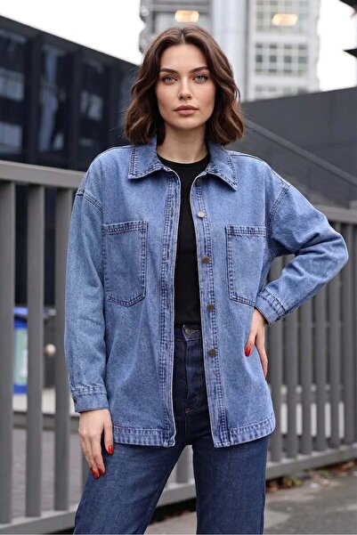 ALFA AKSESUAR 03 Women's Shirt Collar Double Pockets Oversize Cotton Navy Blu...