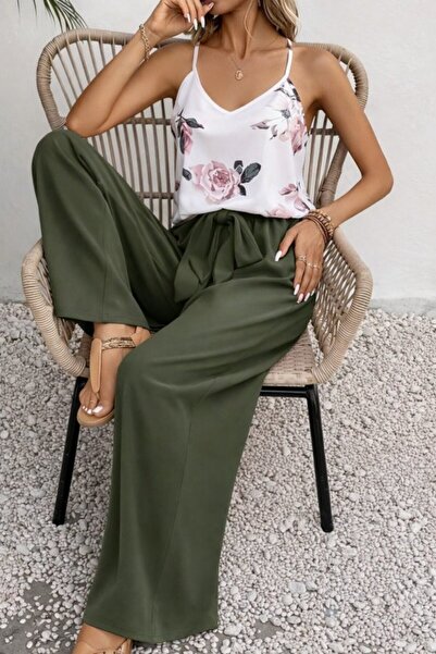 ALPACO Women's Strappy V-Neck Blouse and Aerobin Pants Two-Piece Set