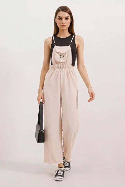 ALFA AKSESUAR 03 Women's Strappy Beige Jumpsuit with Gathered Waist and Ring ...