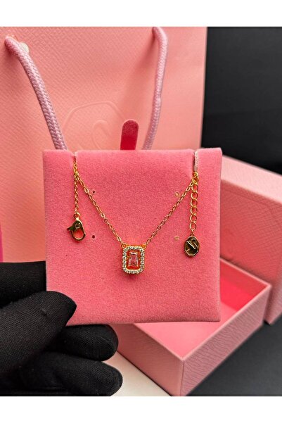 Generic Elegant Gold Necklace with Sparkling Pink Stone and Extended Chain