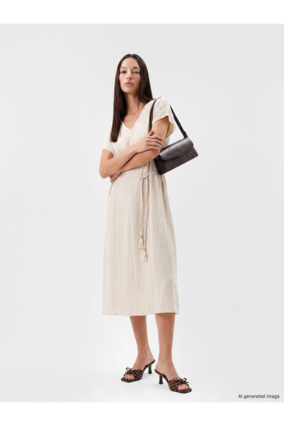 LC Waikiki Beige V-Neck Belted A-Line Textured Dress