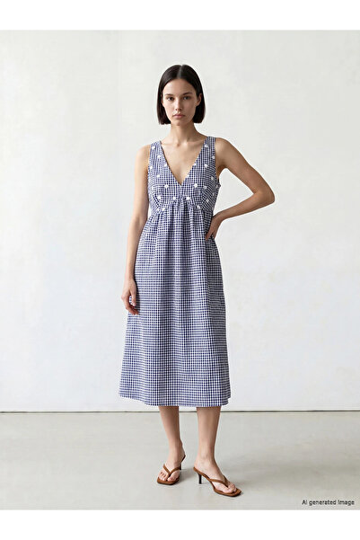 LC Waikiki Navy Blue V-Neck Plaid Dress