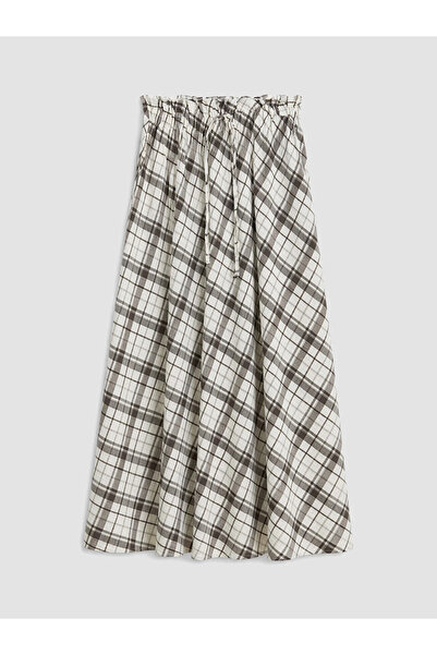 LC Waikiki Brown Plaid Skirt with Elastic Waistband