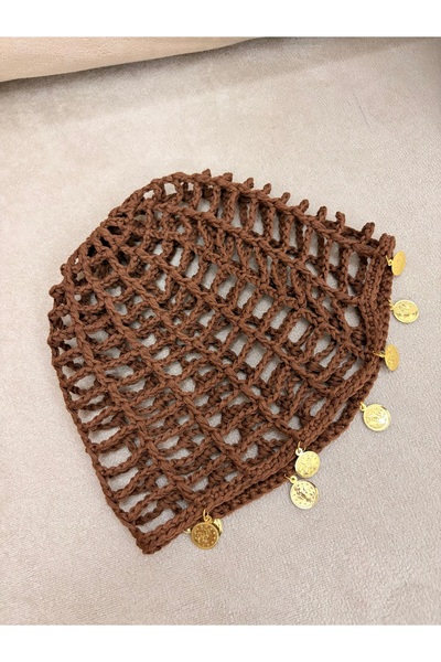 satürn hobi örgü tasarım Knitted Bohemian Tura Detailed Brown Mesh Bandana, Hat, Hair Accessory