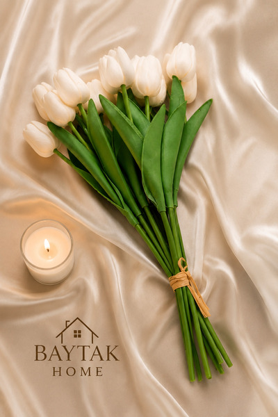 BAYTAK HOME Beyaz Lale Yapay Çiçek Buketi 6’lı Set – Gerçekçi Tulip, Dekorati...