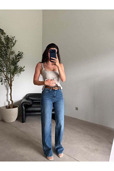 Bade Butik Blue Brown Leather Belted Straight Jeans