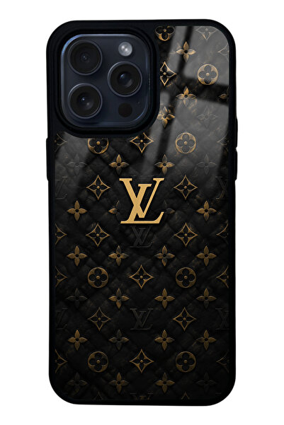 Spoyi iPhone 14 Pro Max Black Gold LV Tasarımlı Glossy Telefon Kılıfı