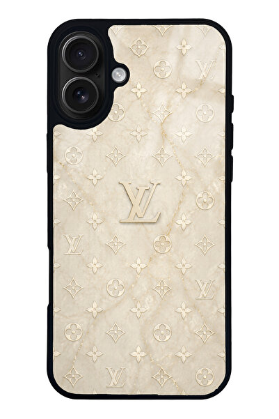 Spoyi iPhone 16 Plus Krem Gold LV Tasarımlı Glossy Telefon Kılıfı