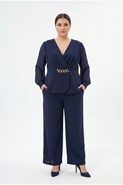 hazelin Women's Navy Blue Large Size Chiffon Sleeves Chain Detail Evening Dre...
