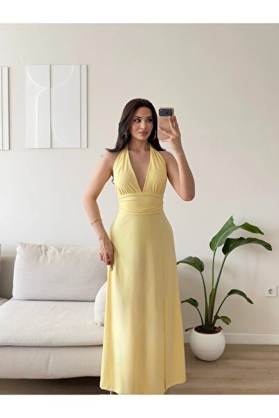 Zoom Butik Boyundan Bağlamalı Yırtmaçlı Long Elbise - SARI