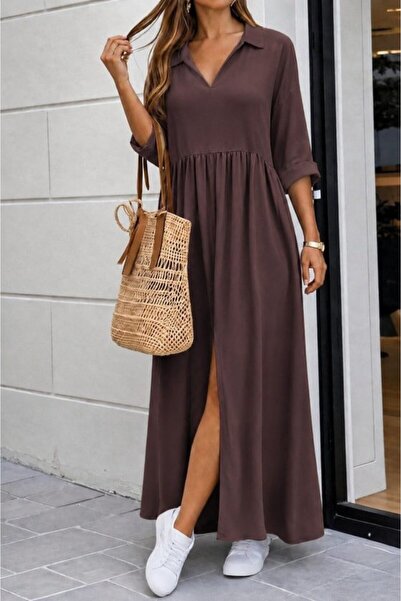 Wear Up Women's Three Quarter Sleeves V-Neck Slit Long Aerobin Dress