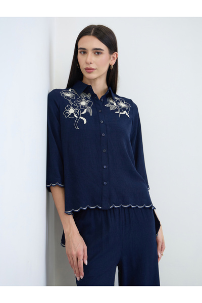 Styli Navy Blue Chambray Embroidered Shirt and Pants Co-Ords