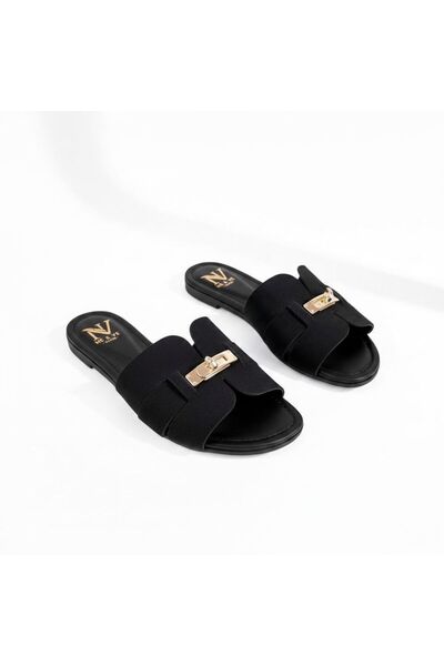 NE&VE SHOES شبشب نسائي مريح للاستخدام اليومي مصنوع من جلد الغزال الأسود مع تف...