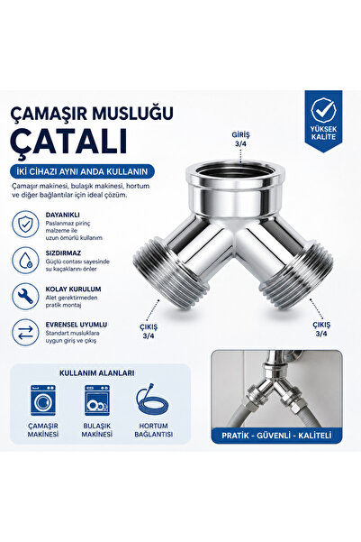 KarapolatYapı Çamaşır Makinesi Musluğu İçin Y Çatal Bağlantı Aparatı+Conta 3/...