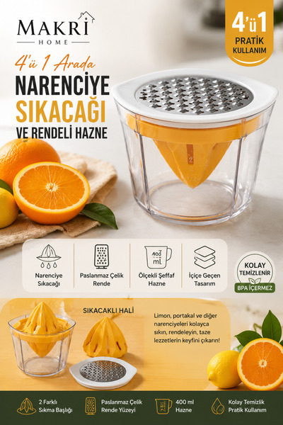 MAKRİ HOME Citrus Fruit Juicer and Grater Bowl, 400 Ml, 10X8 cm