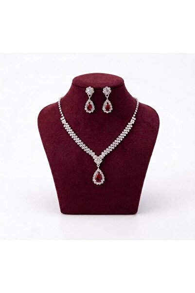 Nevara Luxury Fashion Shiny Red Gemstone Tear Drop Necklace Earrings Set Wome...