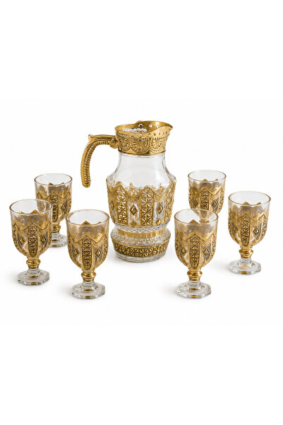 OEM Set Carafă și 6 Pahare din Sticlă Decorată cu Model Auriu, 1.3 L + 250 ml...