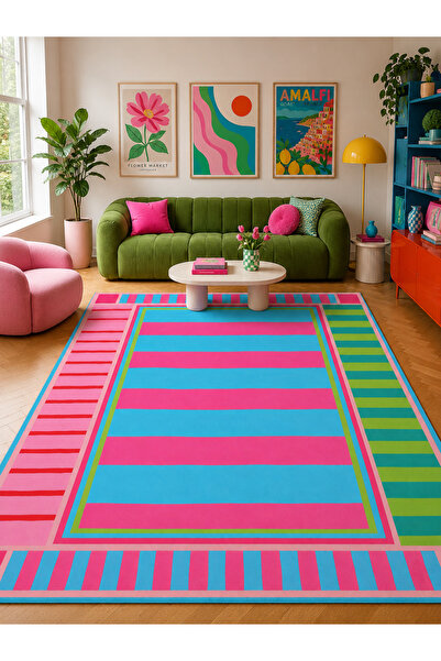Homeilla Çizgili Geometrik Desenli Turkuaz Pembe Renkli Dekoratif Halı