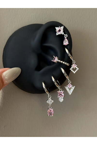 h&b design jewel Steel Silver Pink Stone 6-Piece Earring Set