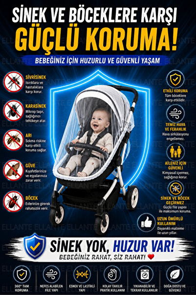 ellante Bebek Arabası Sinekliği | Evrensel Uyumlu Koruyucu File | 360° Tam Ko...