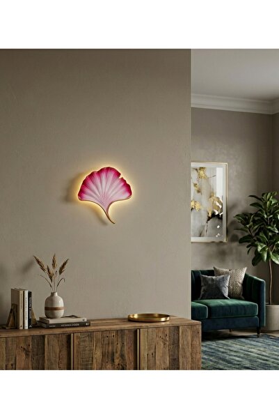 ASZEN Kırmızı Beyaz Ginko Yaprağı Duvar Apliği – 35x32 cm – Pilli – Reçine El...