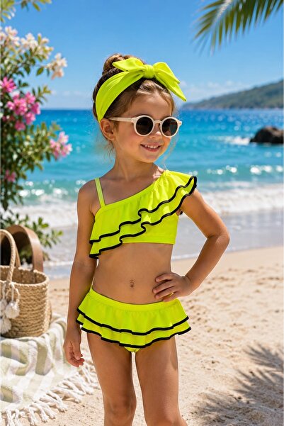 Lizsa Devojčički neon zeleni bikini set sa jednim ramenom i volanima, 3 komada