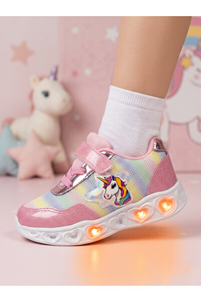 Kız Çocuk Işıklı Unicorn Desenli Cırtlı Sneaker Gökkuşağı Spor Ayakkabı