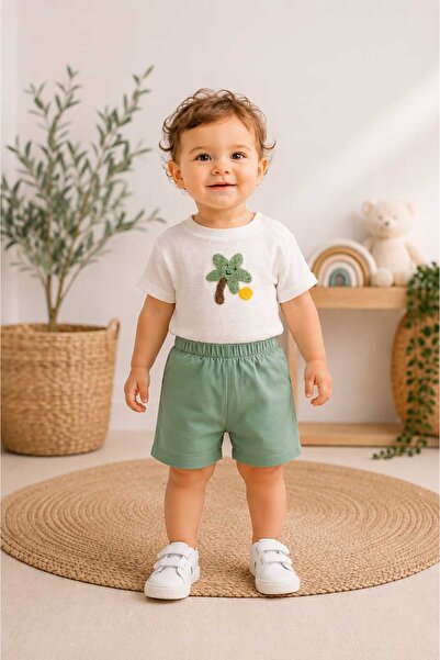 BEBEXO KIDS Erkek Bebek Palmiye Nakışlı Müslin 2li Şort Takım 3-6-9-12 Ay