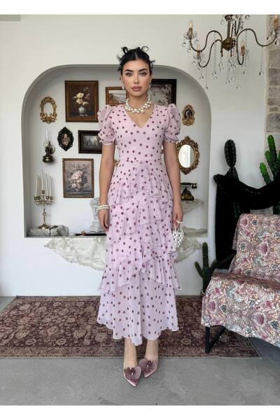 conconmoda Kadın Romantik Puantiyeli Midi Elbise Özel Gün Elbisesi
