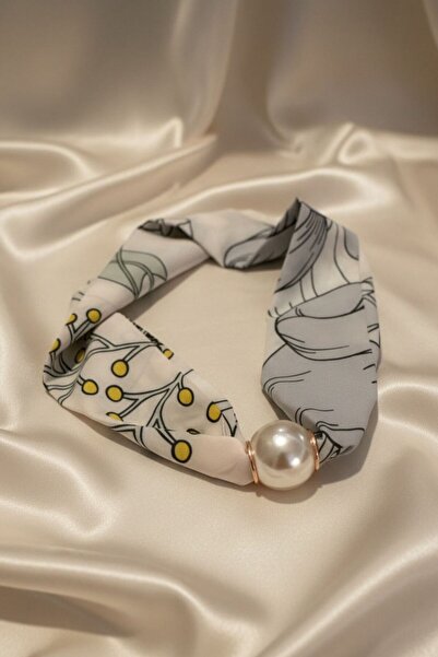 BHR AKSESUAR Women's Patterned Scarf Necklace with Pearls and Magnets, Stylis...