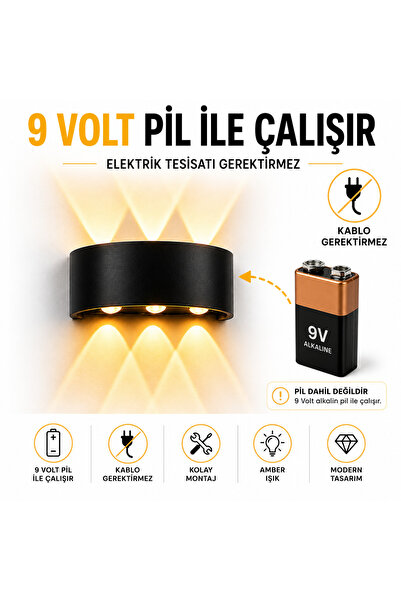 VOLTERRA 9V PİLLİ ÇİFT YÖNLÜ APLİK PİL HEDİYELİ AMBER IŞIK