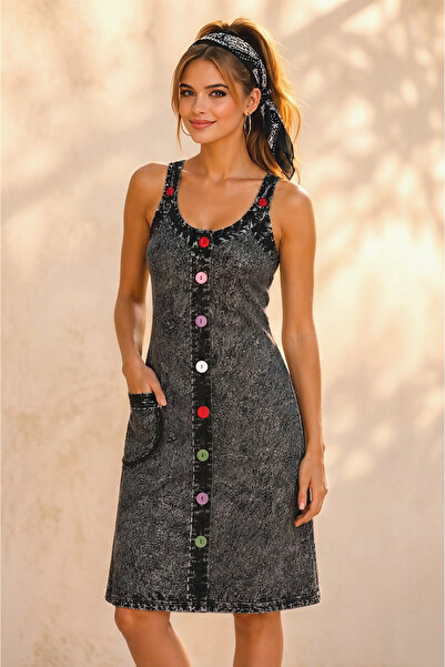Boutique Juji BOHEM TENCEL KUMAŞ FÜME YIKAMA SİYAH MİDİ ELBİSE