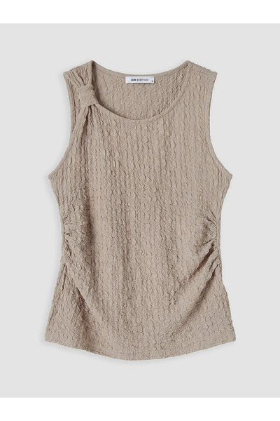 LC Waikiki Beige Boat Neck Gathered Textured Blouse