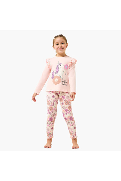 Juniors Cotton Crew Neck Long Sleeves Pyjama Set with Unicorn Print