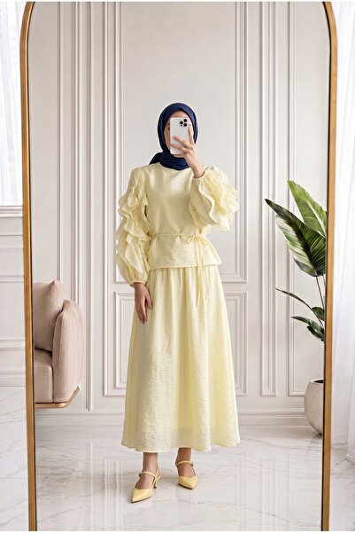 MİHRA STORE Eleni Set with Ruffled Sleeves and Voile Skirt-En842 Yellow