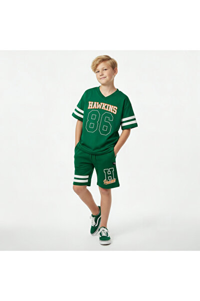 Netflix V-neck Short Sleeve T-shirt and Shorts Set with Varsity Print