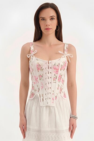tw3 Women's Floral Printed Fabric Front Lace Detailed Design Blouse Corset