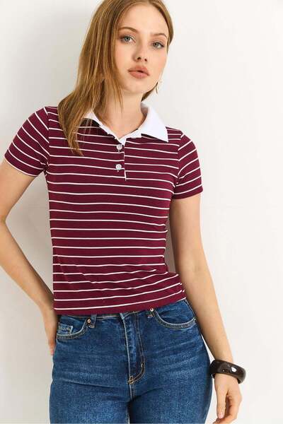 Raneel Kazançlı Alışveriş Polo Collar Striped Patterned Women's Tshirt Claret...