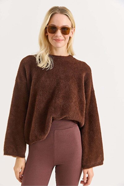 Raneel Kazançlı Alışveriş Women's Crew Neck Oversize Soft Fuzzy Brown