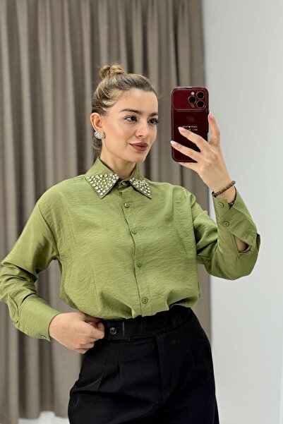 Raneel Kazançlı Alışveriş Collar stone detailed woven ayrobin shirt khaki