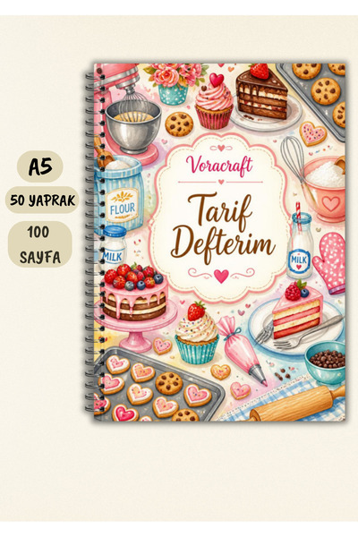 VORACRAFT Yemek Tarif Defteri, 50 Yaprak /100 Sayfa, A5 / Tel Spiral TRF0014