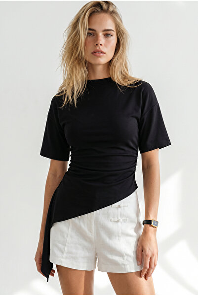 Olalook Women's Black Draped Detailed Asymmetrical Blouse Blz-19003399