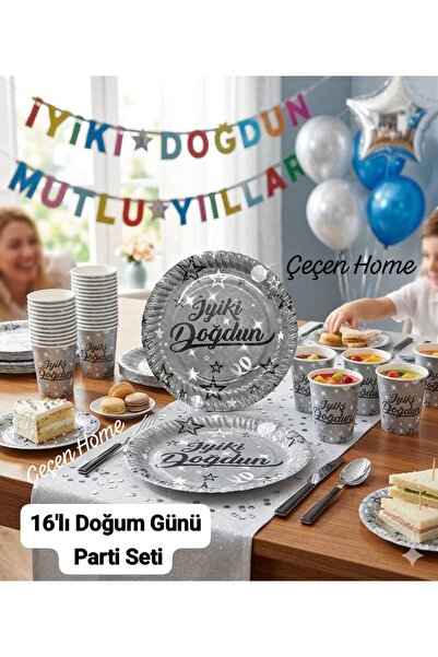 ÇEÇEN HOME 32 Piece Birthday Set, 16-Piece Birthday Plate and 16-Piece Birthd...