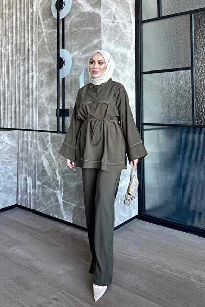 İmajButik Khaki Waist Tie Tunic Trousers Suit